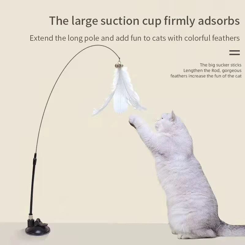 Hands-free cat enrichment toy with feather teaser. Cat playing with a feather toy attached to a long pole with a large suction cup.
