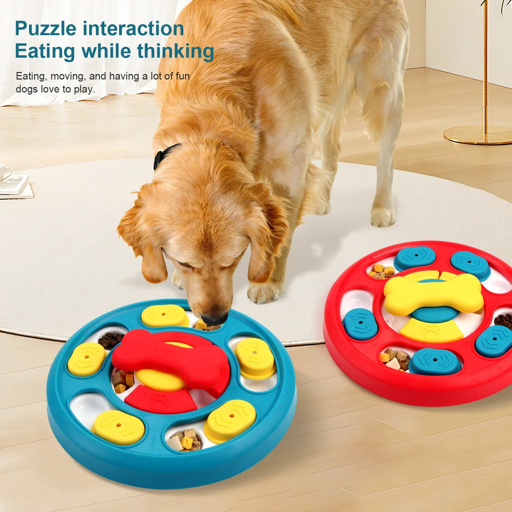 Dog interacting with a puzzle toy Round dog enrichment puzzle with hidden treat compartments.