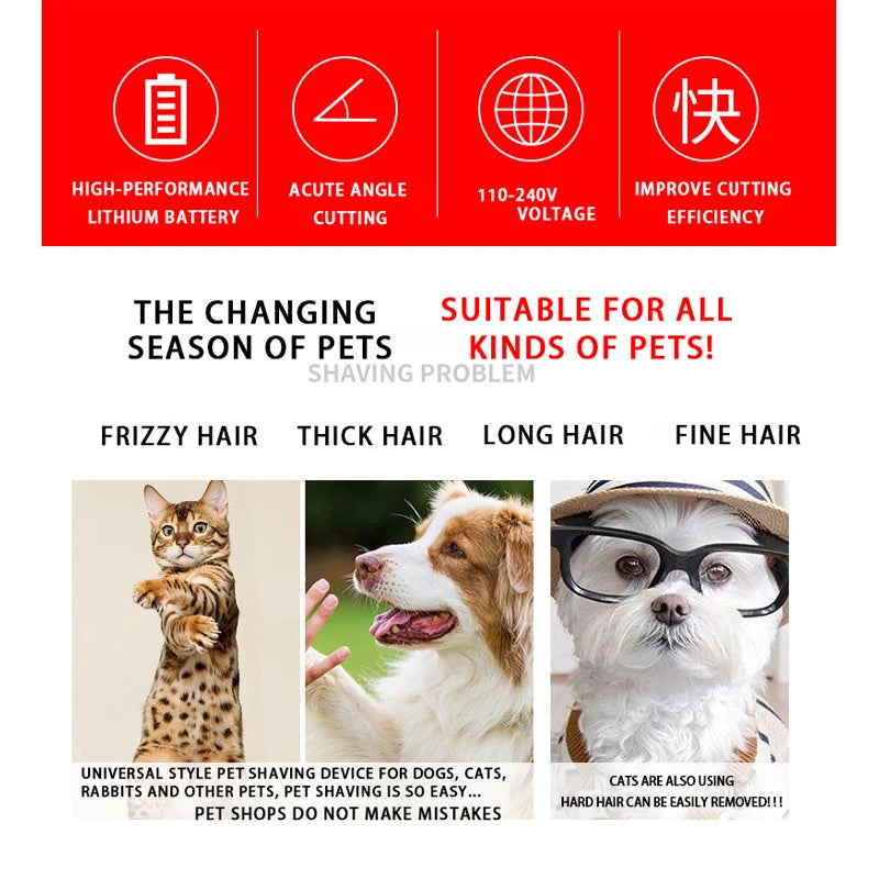 Pet grooming clipper shown with dogs and cats to demonstrate at-home coat trimming and grooming use.