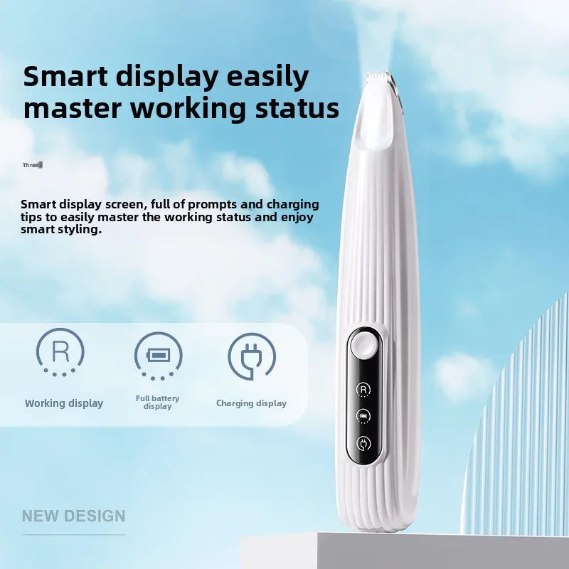 Hair trimmer with smart display on a blue-sky background, Quiet pet hair trimmer with LED screen and adjustable blade.