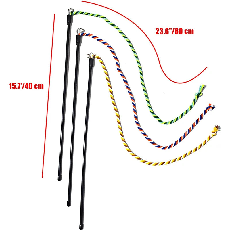 Two black sticks with colorful ropes attached, showing measurements.  interactive rope wand toy or Cats and Kittens.