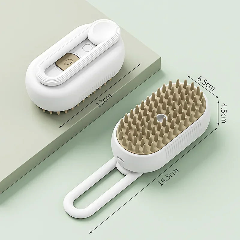 Cleaning brush with bristles and dimensions on a light green background - Close-up of ergonomic electric grooming rush with steam spray.