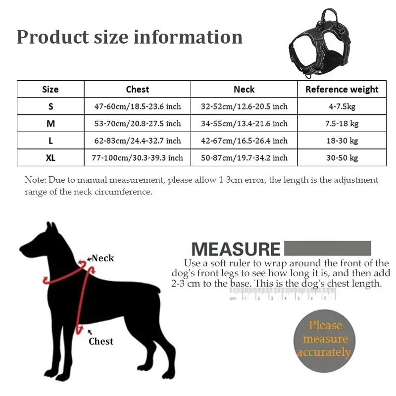 Dog harness size chart with measurements and a diagram of how to measure a dog. Adjustable no pull reflective dog harness for all breads and sizes.