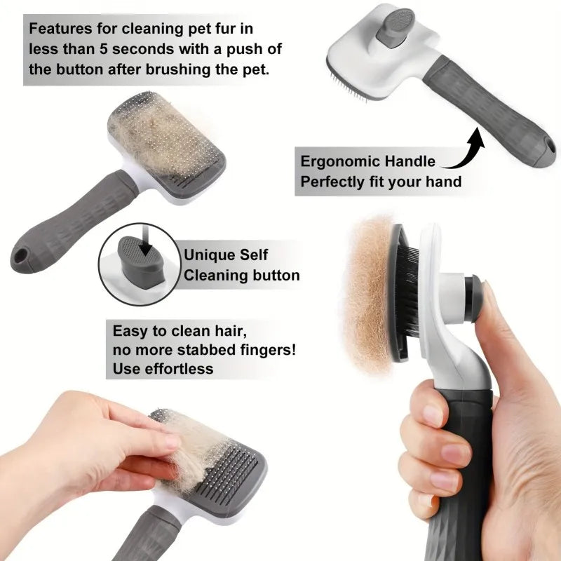 Pet grooming brush with features highlighted on a white background and how the dual-use grooming brush removes loose pet hair.