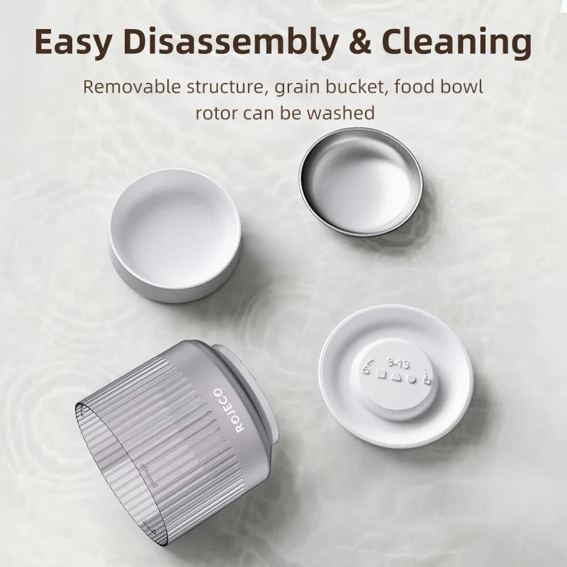 Cleaning components of a kitchen appliance on a light background with text about easy disassembly and cleaning, Wi-Fi cat food dispenser for convenient remote feeding.