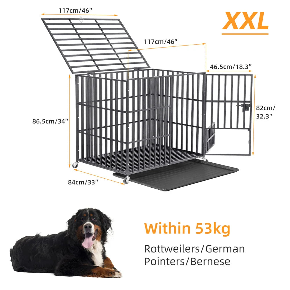 XXL Heavy Duty Dog Crate | Escape-Proof Metal Kennel with Lockable Wheels & Removable Tray