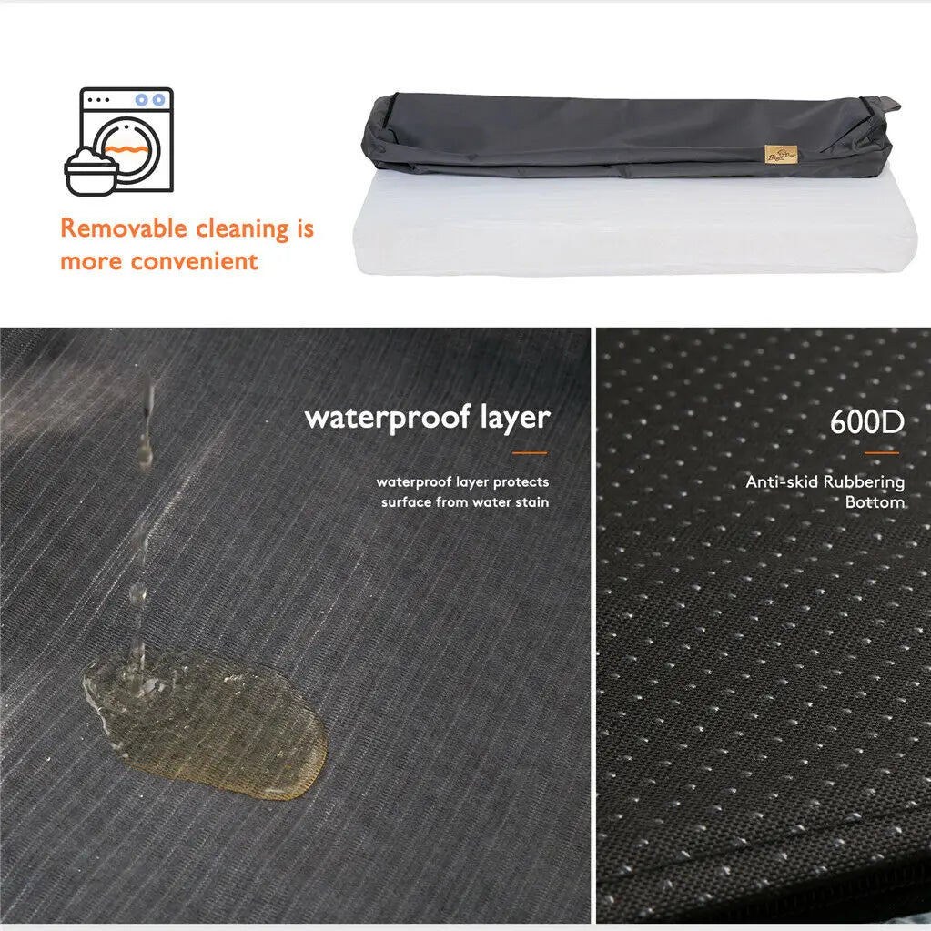 Product with waterproof layer and anti-skid rubbering, showing cleaning convenience and material details - Orthopedic dog bed available in M, L, XL, and 2XL sizes for medium, large, and giant breed dogs with waterproof layers