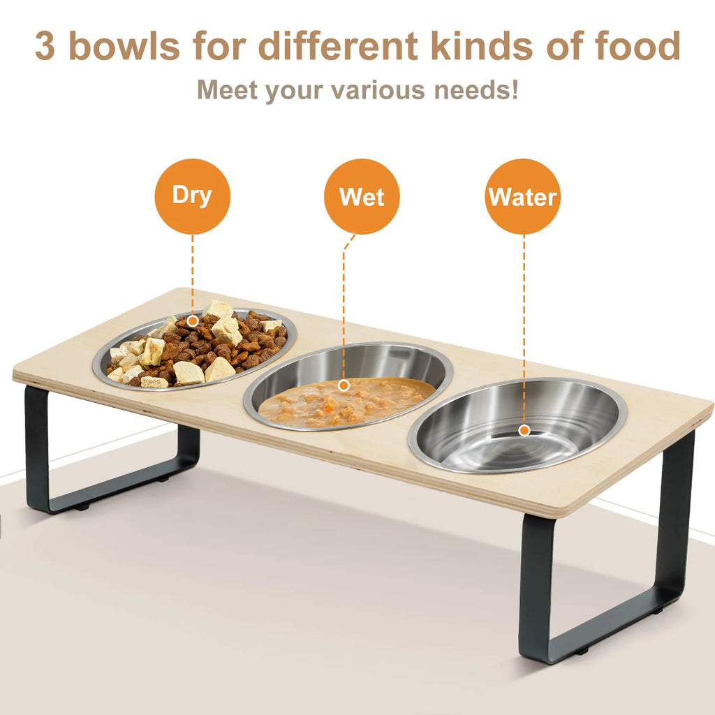 Elevated cat bowl stand with angled stainless-steel dishes designed to support easier mealtime access.