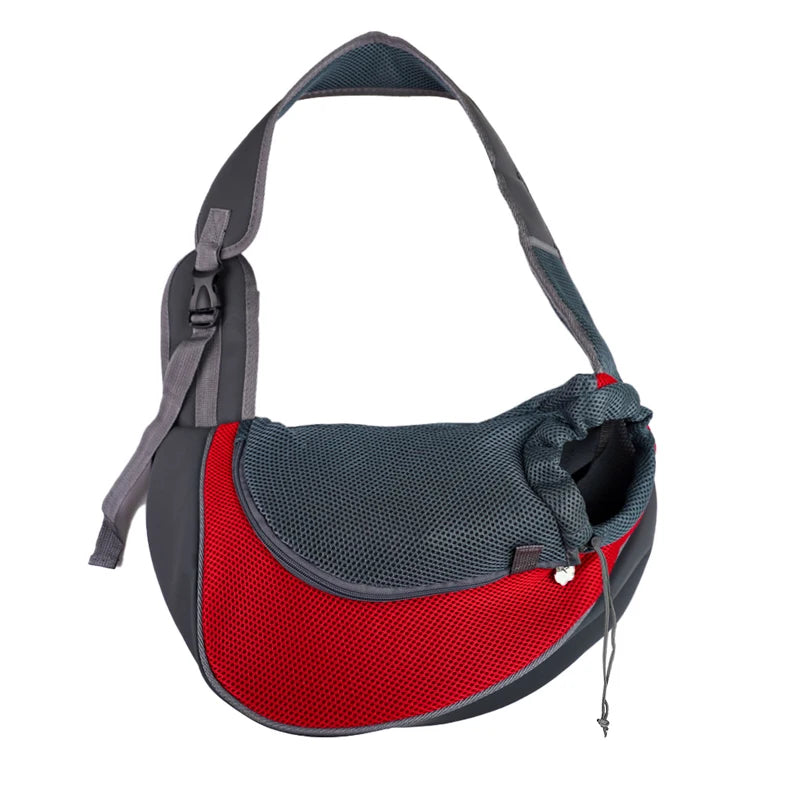 Red and gray pet carrier - Adjustable front pet backpack for small pets.