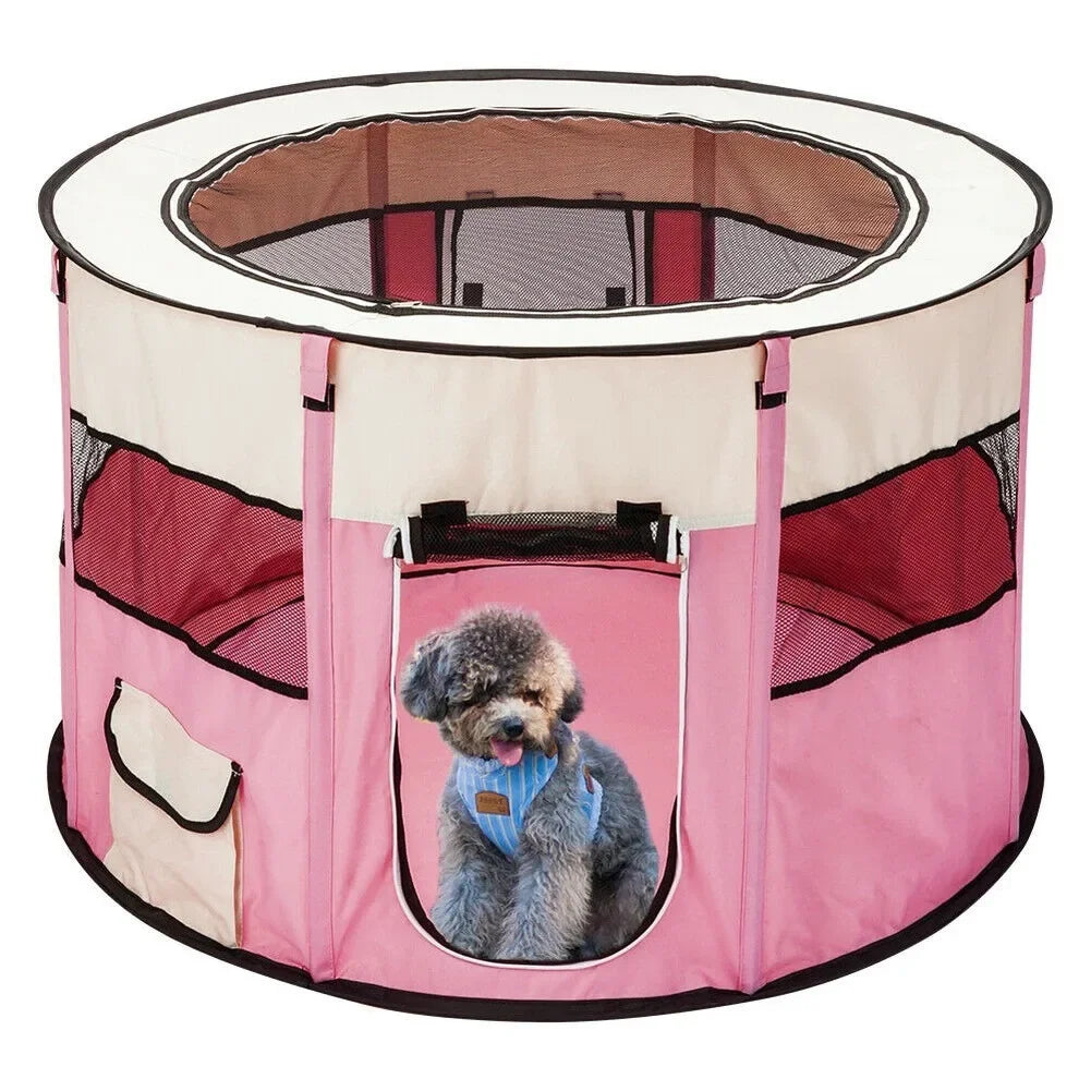 Portable Pink pet playpen with a dog inside for indoor and outdoor use.