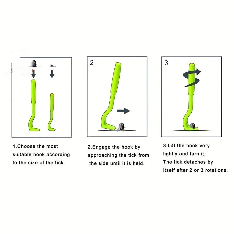 Step-by-step diagram on how to remove a tick using a tick removal tool - Portable flea and tick removal kit for pets.