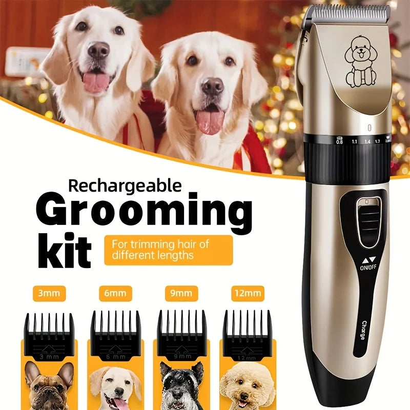 Rechargeable low-noise pet grooming clipper kit for dogs with cordless trimmer and guide comb attachments.