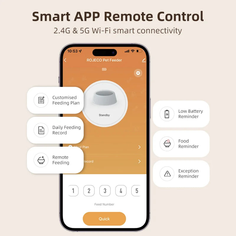 Smart app remote control interface on a smartphone with features like custom feeding plan, daily record, and reminders, App-controlled pet food dispenser for cats.