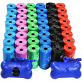 Assorted colored rolls of dog waste bags with blue bone-shaped dispensers on a white background - 120 rolls of biodegradable dog poop bags for pet waste disposal and accessories with easy to carry waste bags.