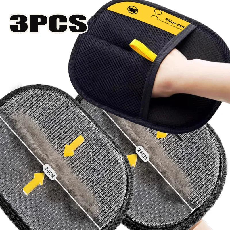 Three-piece pet hair cleaning glove set in black and gray for grooming and household fur removal.