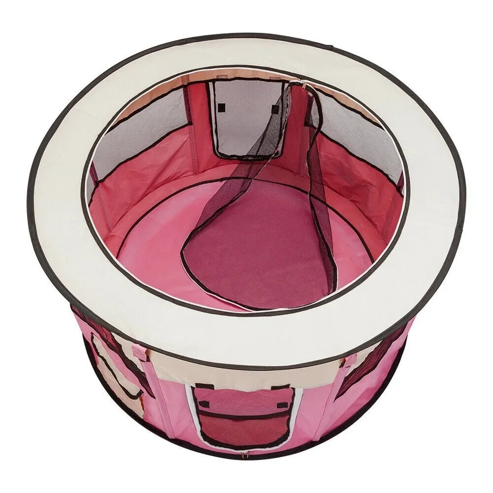 Foldable Pink pet playpen with white rim for puppies, kittens and small dogs.