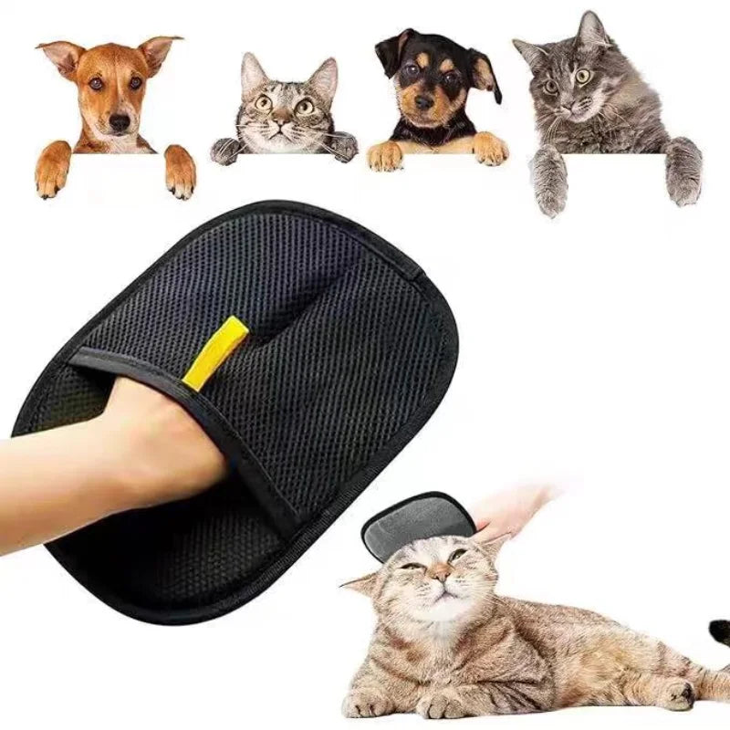 Black massage slipper with yellow massager on foot, surrounded by images of dogs and cats.