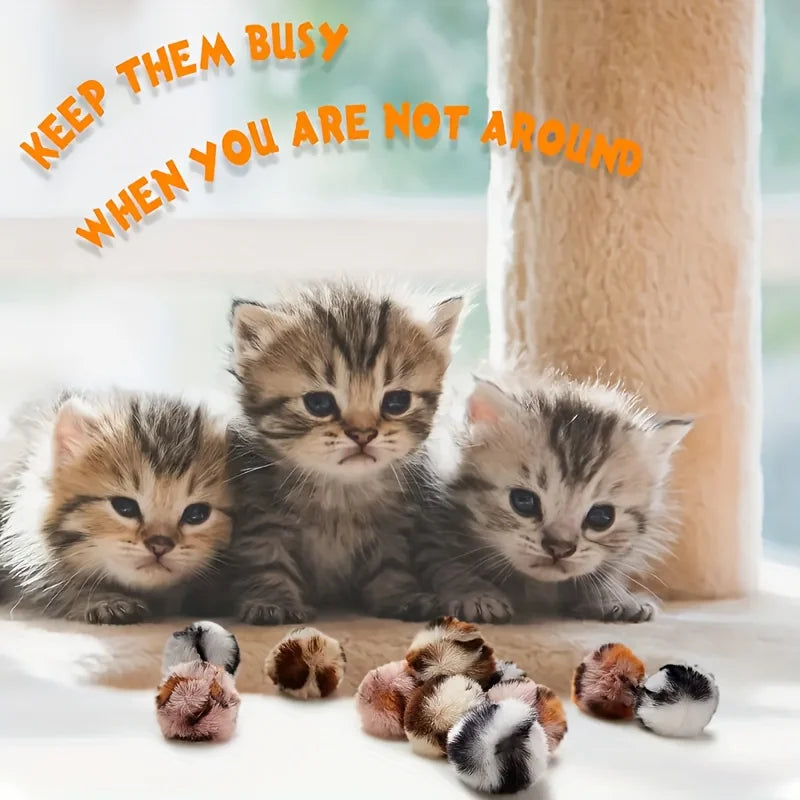 Soft leopard print toy balls for indoor cats. Three kittens sitting together with text 'Keep them busy when you are not around' above them. 
