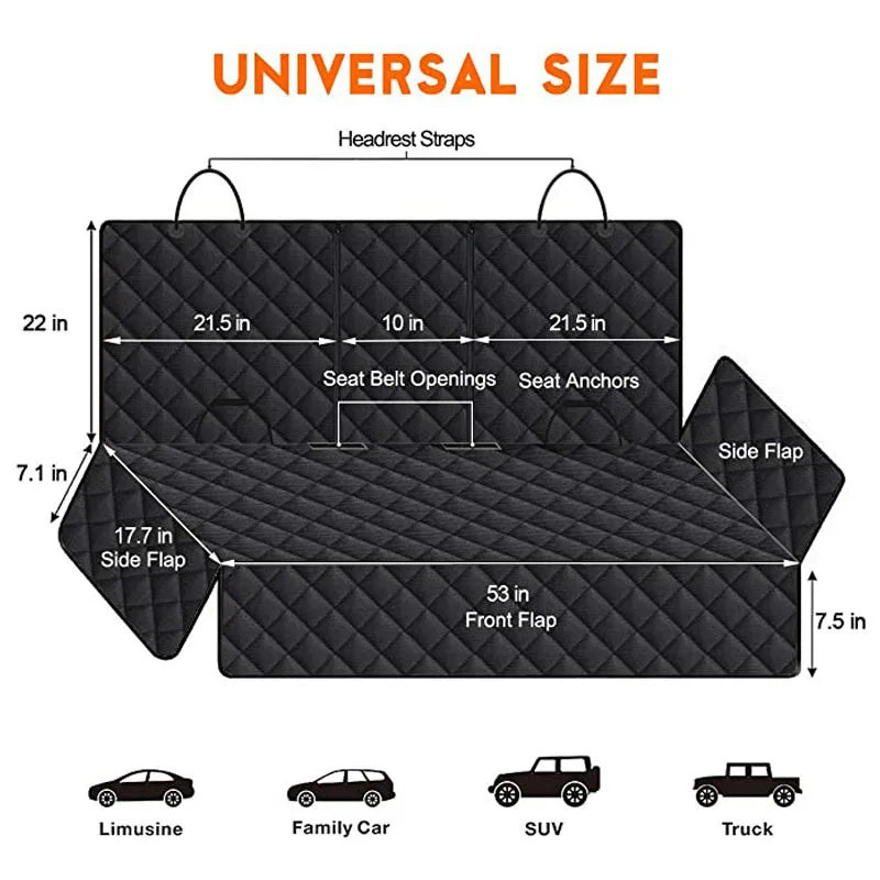 Black car seat cover with measurements and compatibility icons for different vehicle types - Comfortable dog travel seat pad installed in a vehicle.