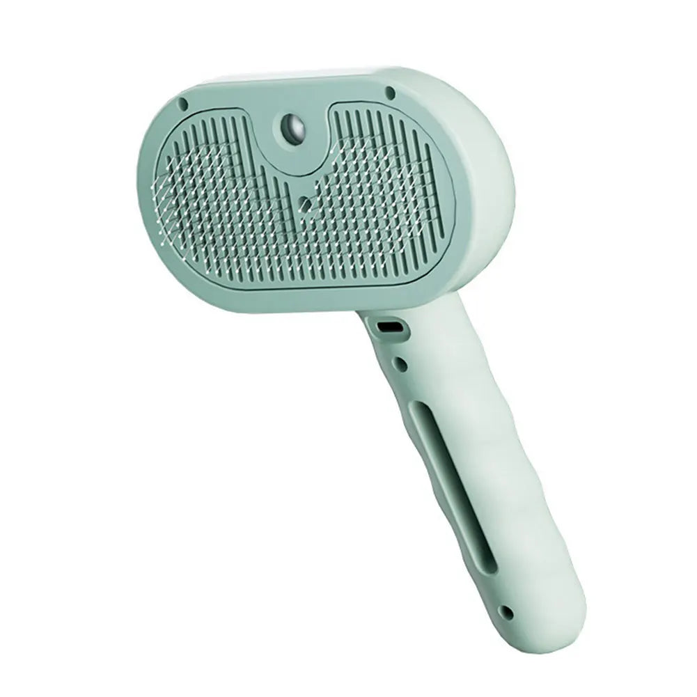 Light blue pet grooming brush on a white background - Steam grooming brush reducing shedding and cleaning pet fur.