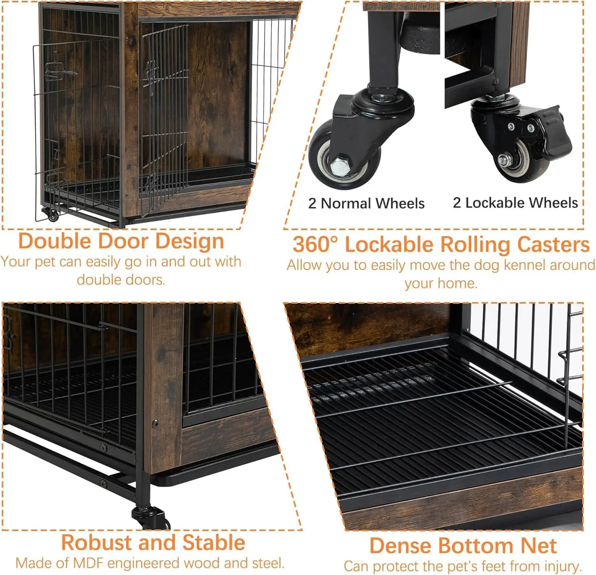 Dog kennel with features highlighted wooden crate on rolling wheels very stylish.