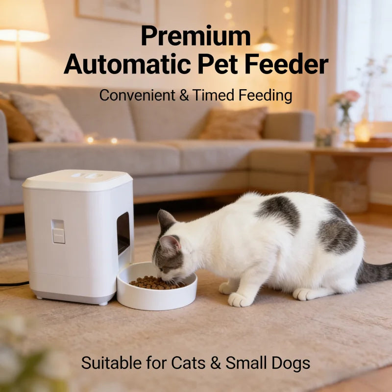 Cat eating from an automatic pet feeder in a living room setting, 2L smart Wi-Fi automatic pet feeder for cats and small dogs.