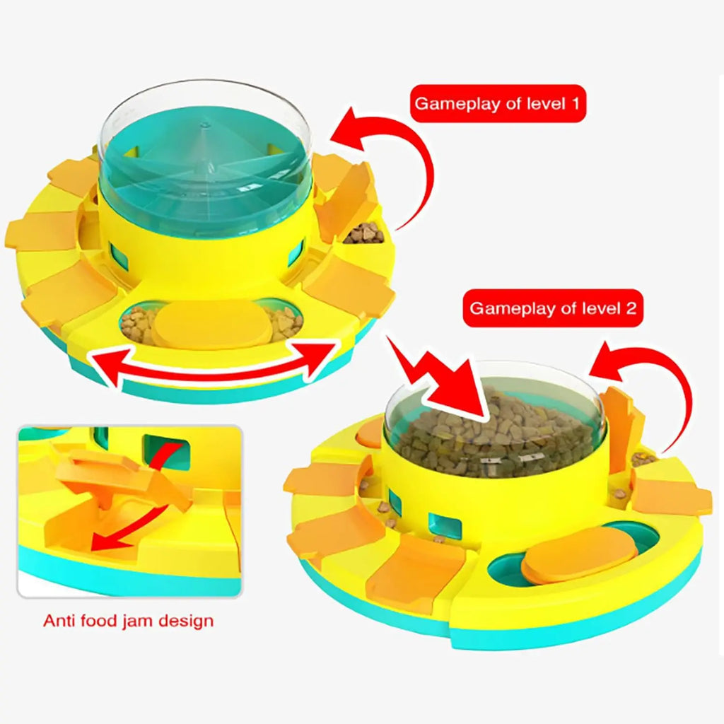Yellow and blue puzzle toy with different levels and an anti-food jam Yellow and green dog food puzzle for slow feeding design. 
