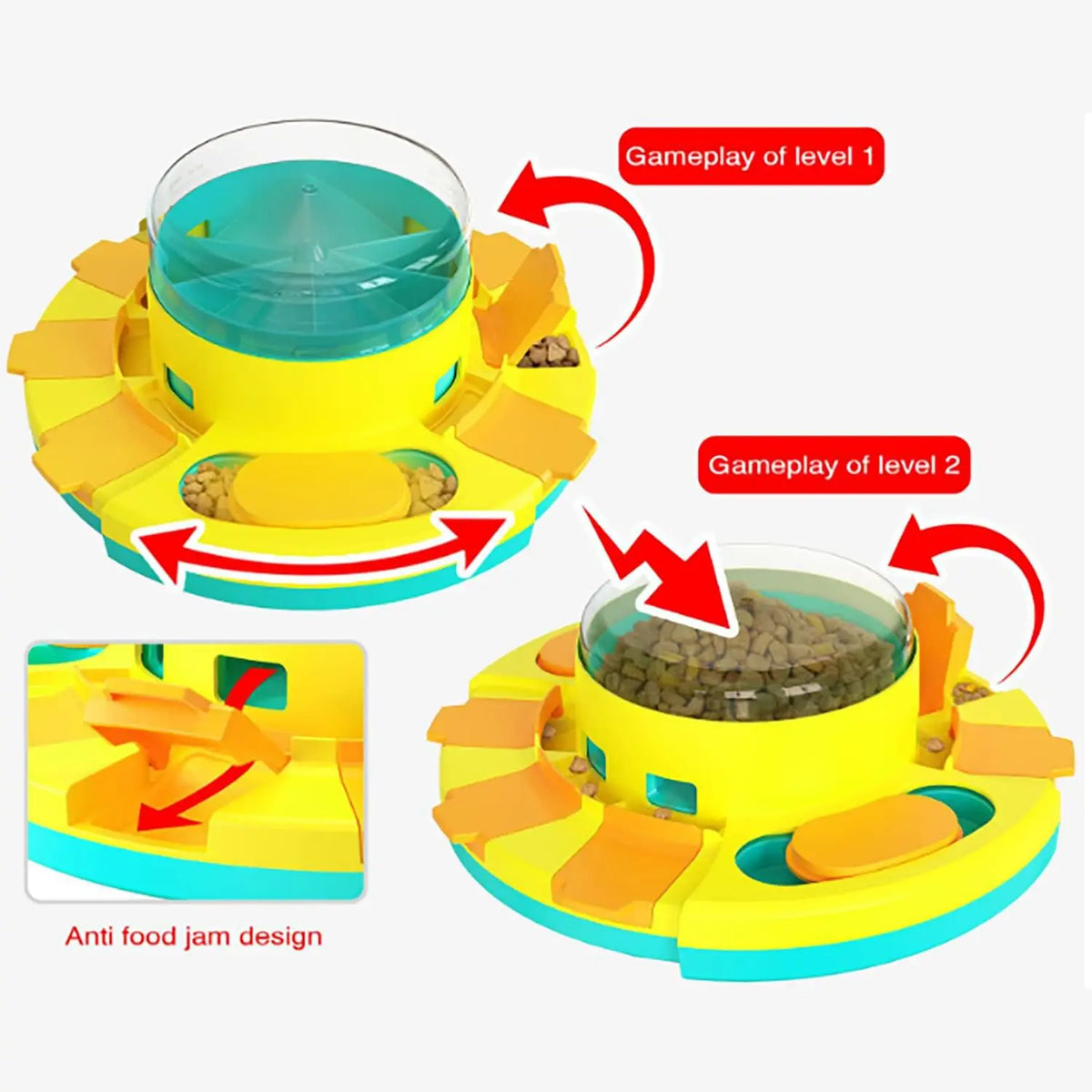Yellow and blue puzzle toy with different levels and an anti-food jam Yellow and green dog food puzzle for slow feeding design. 