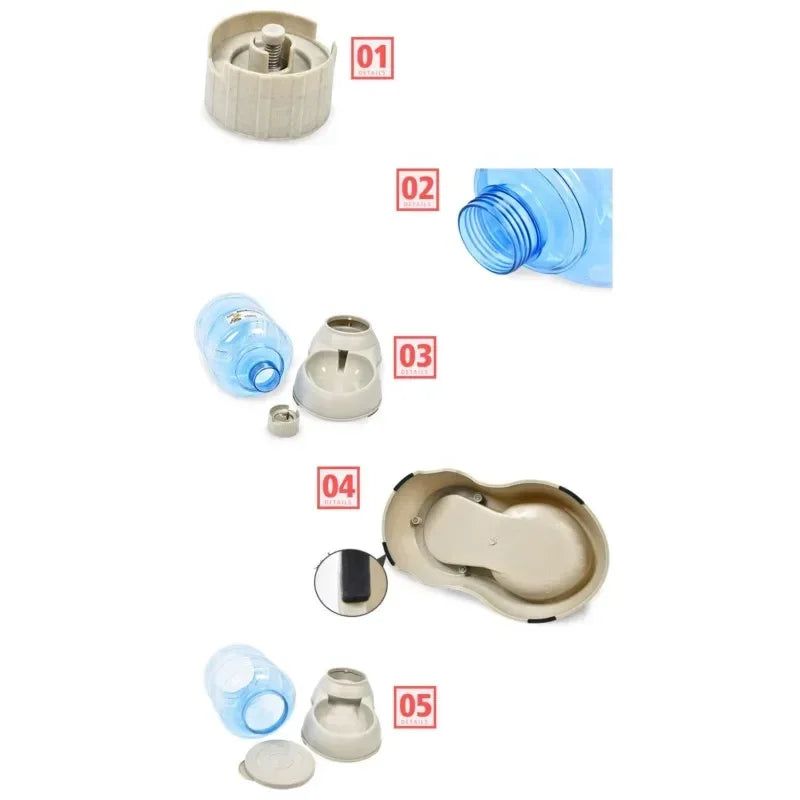 Set of small electronic devices with labeled parts, large pet feeding station for cats and dogs.
