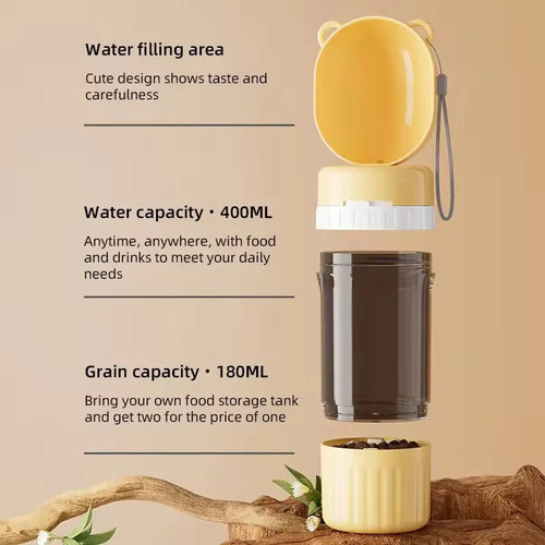 Yellow food storage container with, travel pert water bottle and feeder for dogs and cats.
