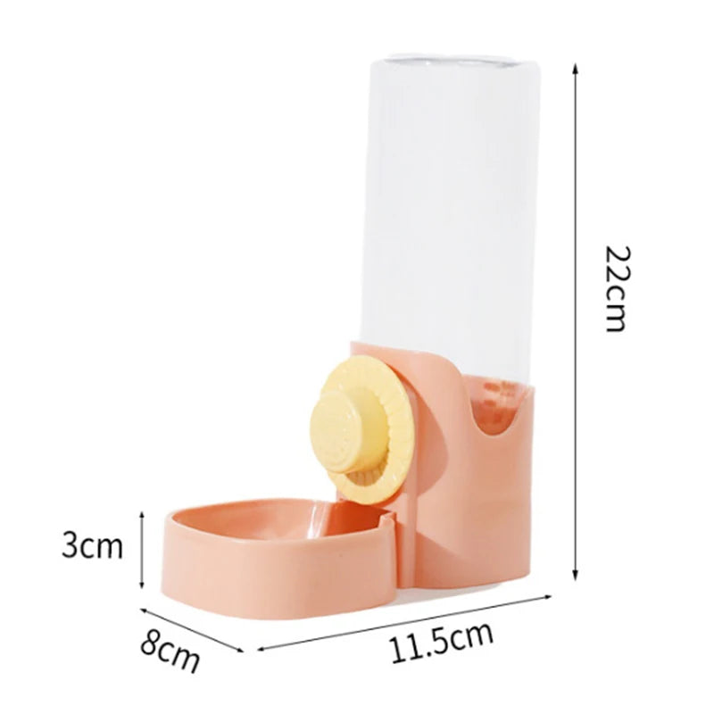 Pet crate food bowl with removable design. Measurement chart of a pink and white product with dimensions labeled.