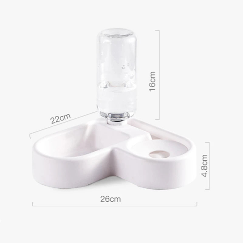 Corner automatic pet feeder for cats and small dogs. Pet water bottle and bowl set with dimensions on a white background.