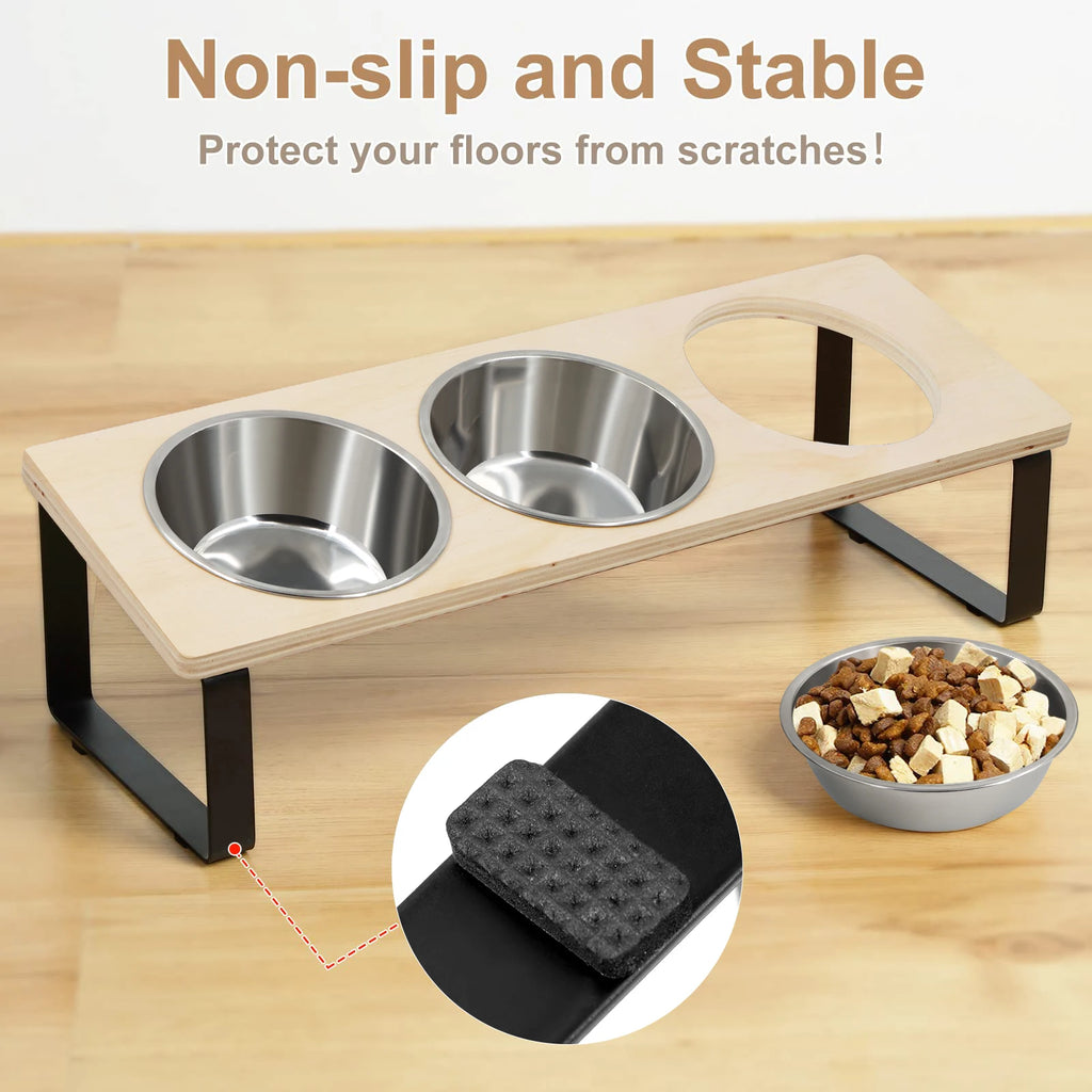 Elevated cat feeder with stainless steel bowls and non-slip and stable designed to reduce sliding during meals.