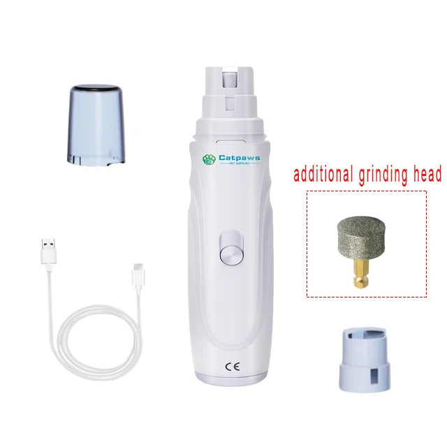 Rechargeable pet nail grinder set with grinding head and grooming accessories.