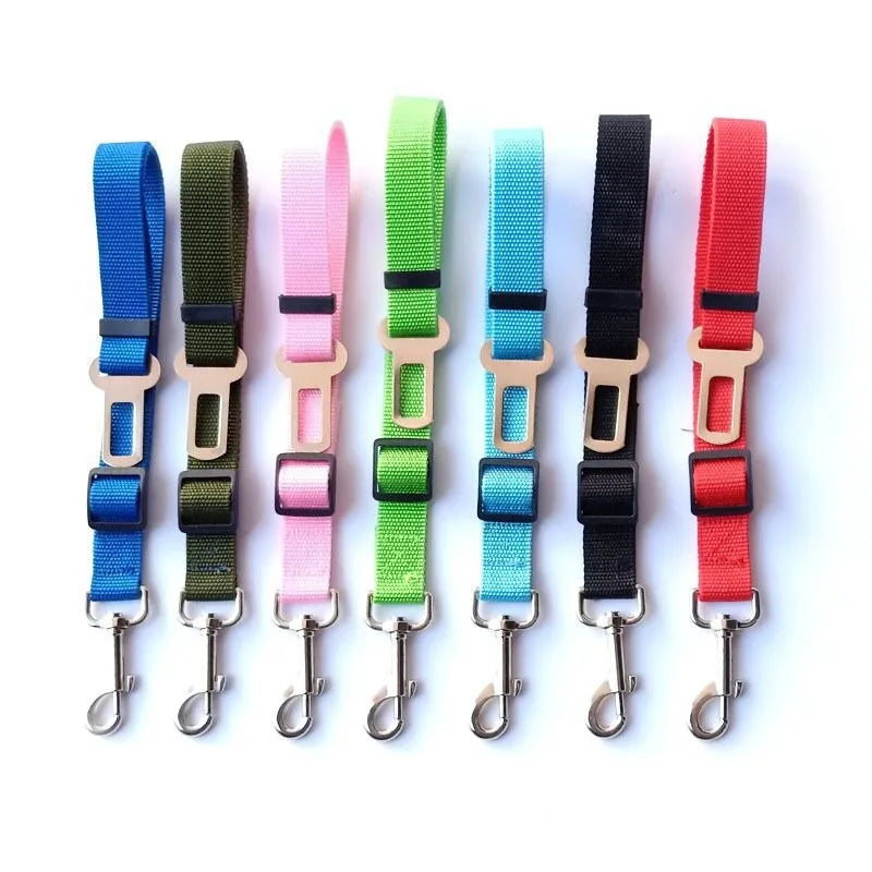 Adjustable dog and cat car seat belts available in multiple colors for pet travel safety.