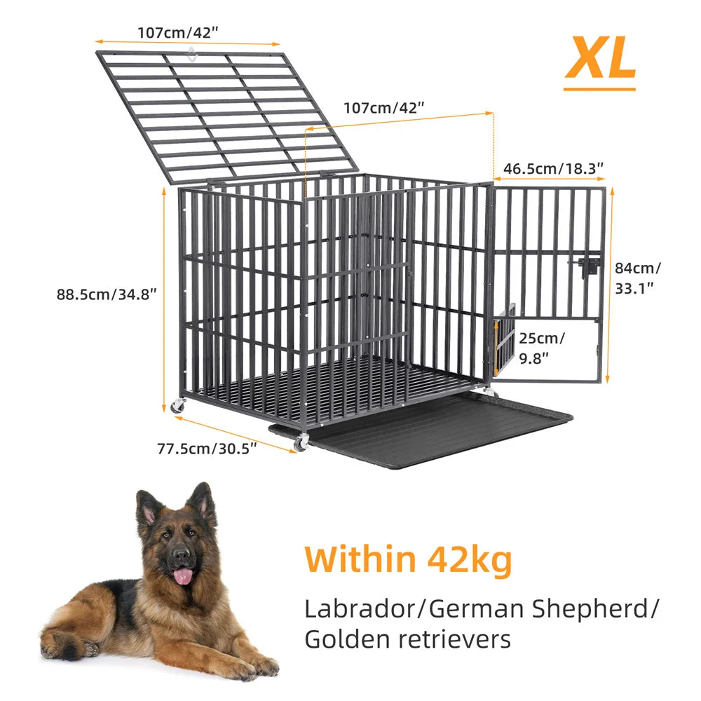 Dog crate with dimensions and a dog lying next to it, indicating weight limit, escape-proof steel dog kennel with removable cleaning ray.