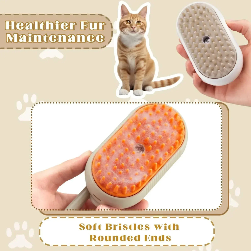 Cat grooming brush with soft bristles, cat, and text on a beige background-Grooming a dog with an electric spray massage brush to reduce shedding and improve coat health.