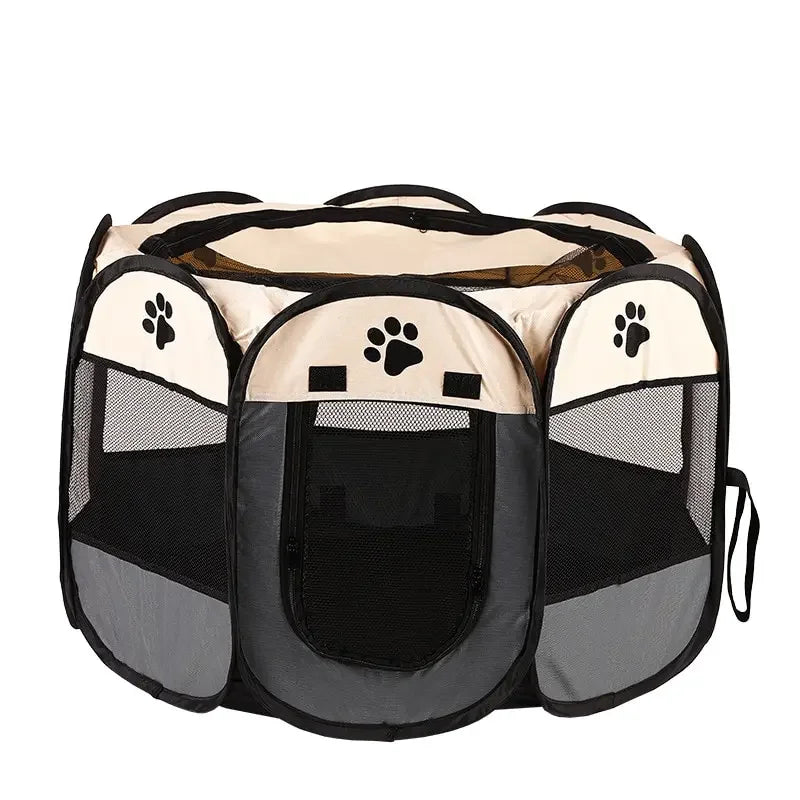 Pet playpen with paw prints, outdoor pet playpen with breathable mesh panels