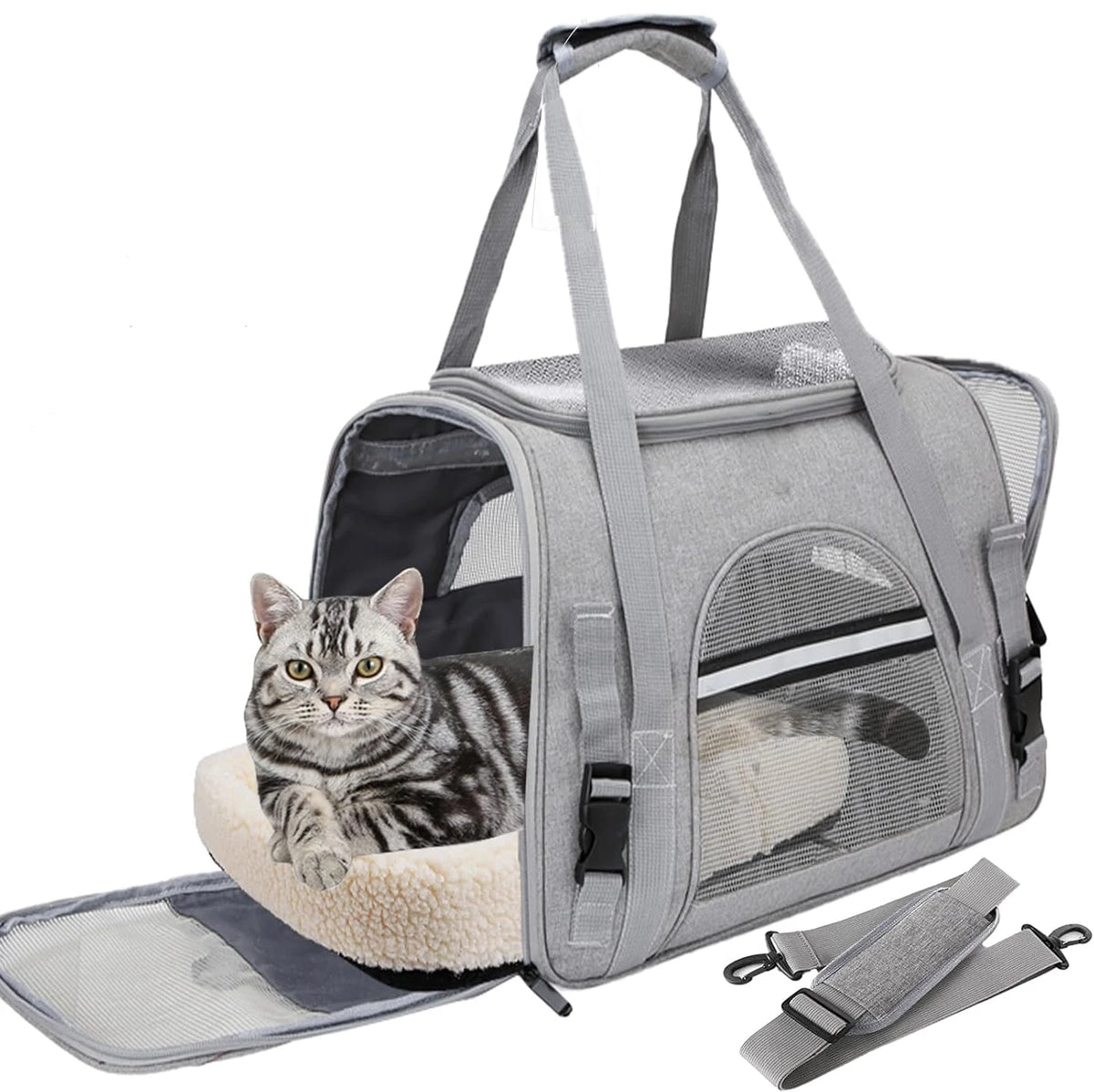 Gray pet carrier with a cat inside on a white background, Airline-approved pet carrier bag with soft mat for cats and dogs up to 20 pounds