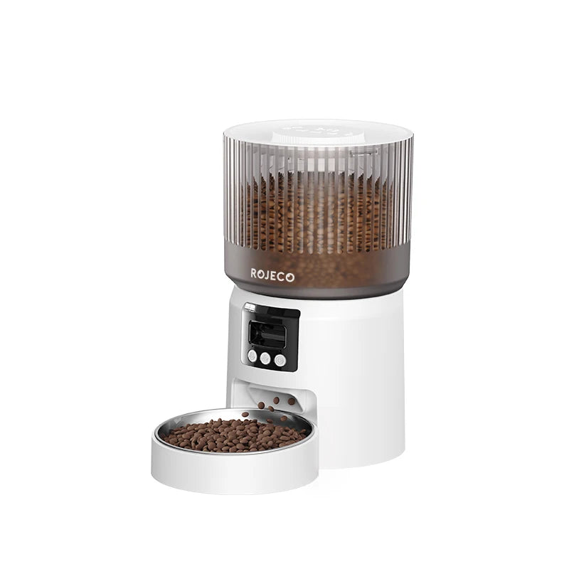 White pet food dispenser with brown food, Automatic cat feeder designed for busy pet owners.