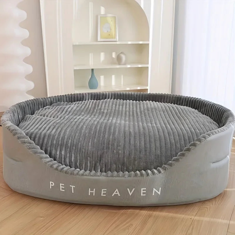 Gray pet bed with 'PET HEAVEN' branding on a wooden floor. Universal all-season pet nest bed for cats and dogs of all sizes.