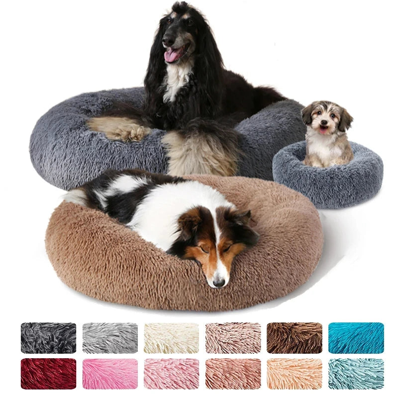 Two dogs on round pet beds with color swatches below - Soft long plush pet cushion for indoor winter use.