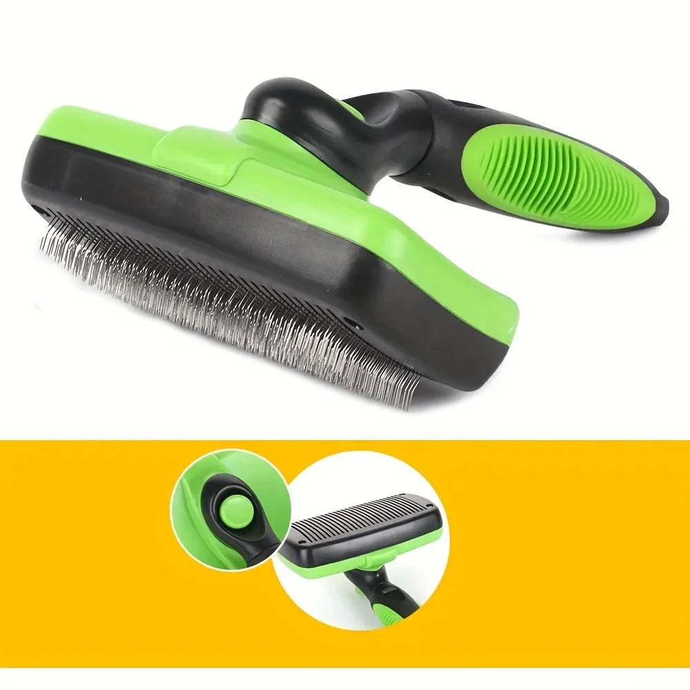 Green and black pet grooming brush on a white background with an inset showing a close-up.
