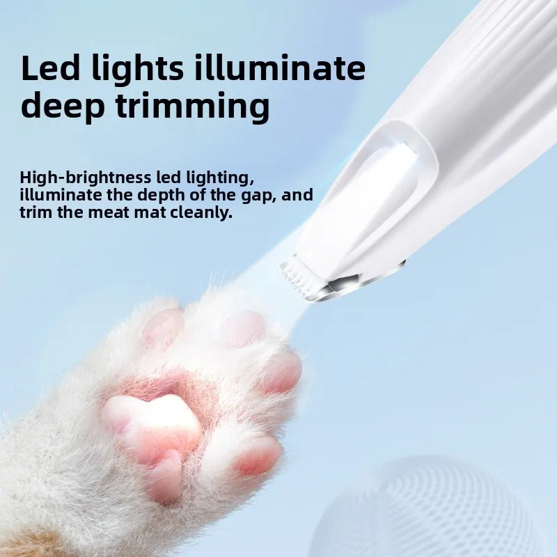 Pet nail trimmer being used on a cat's paw with text about high-brightness LED lighting, close-up of LED display pet grooming clipper.