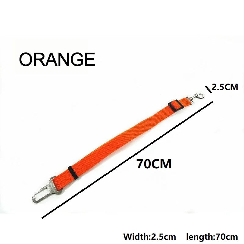 Adjustable pet car seat belt shown with length measurement for vehicle travel.