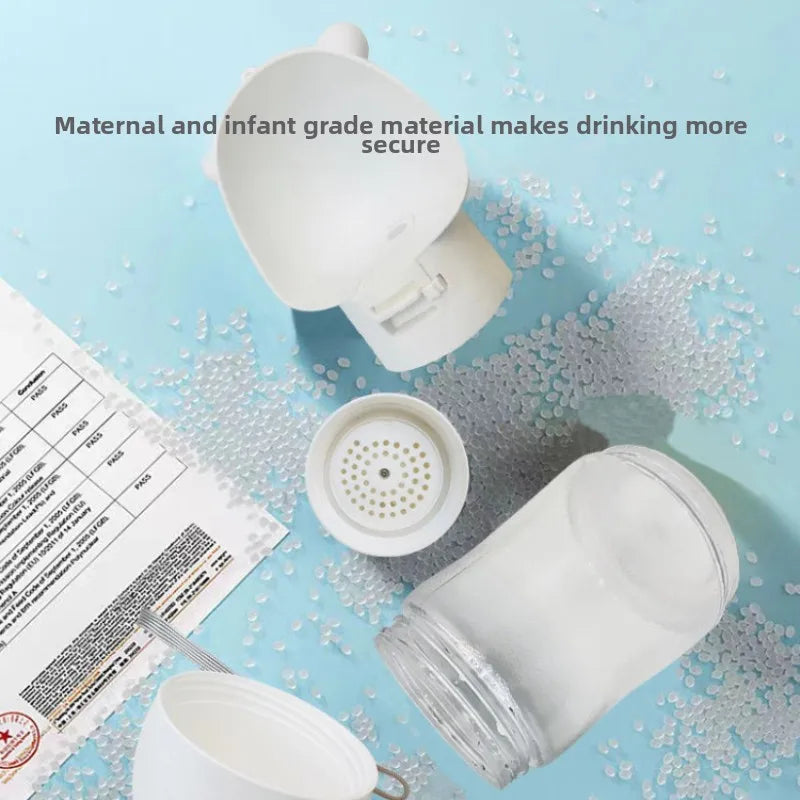 White baby bottle parts on a blue background with text about material quality, Dog travel water bottle for walking and hiking