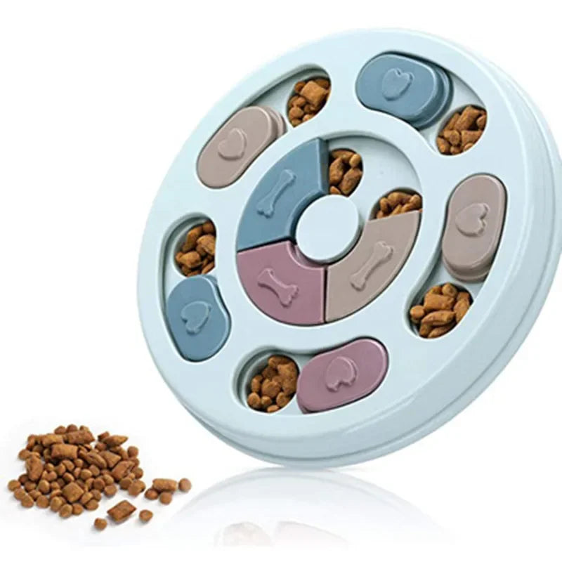 Pet puzzle toy with compartments filled with kibble. Dog food puzzle designed for mental enrichment.