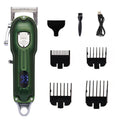 Green rechargeable pet grooming clipper set with guide combs and grooming attachments.