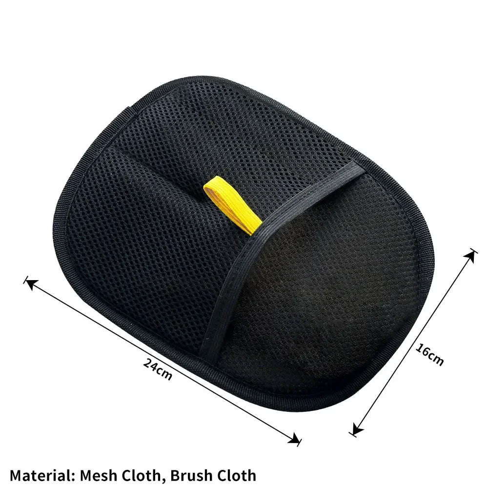 Black static pet hair cleaning mitt with yellow trim for reusable household fur removal.