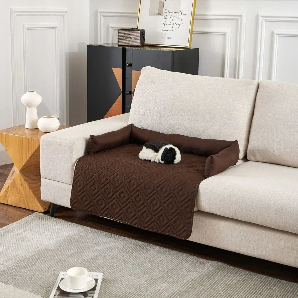 Brown pet bed on a beige sofa in a living room setting - Cat resting on soft brown pet sofa mat designed for calming relaxation and support